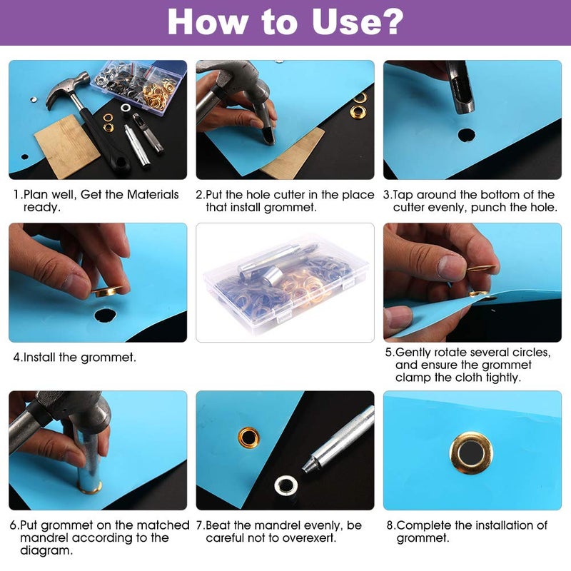 Meifuly 1/2inch Grommet Kit 100 Sets Grommets Eyelets with 3 Pieces Install Tool Kit, 4 Colors Grommets Kit with Storage Box for Craft Making, Repair and Decoration - Image 4